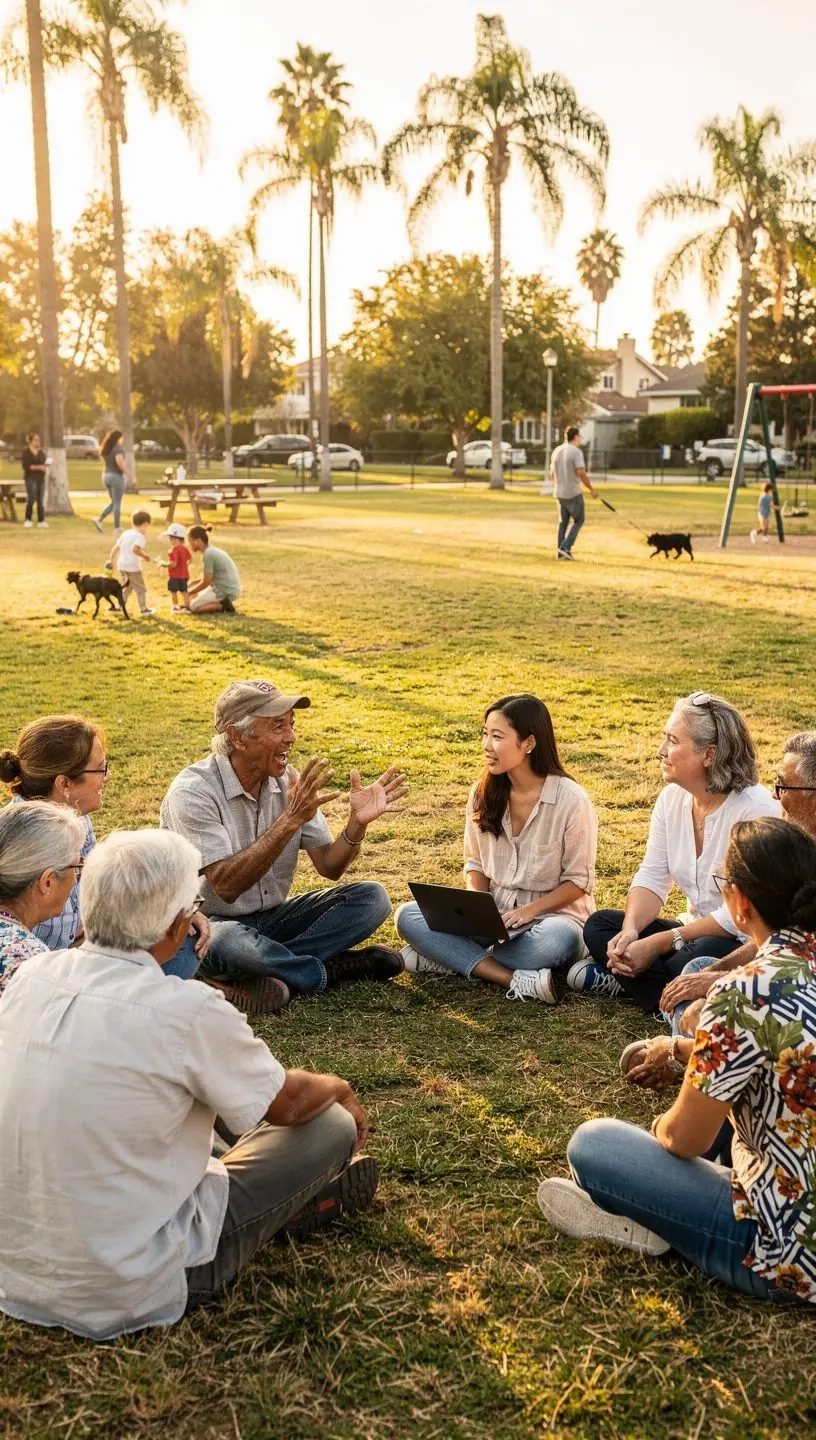 Group of diverse community members engaged in a discussion around a table sharing local stories and ideas.